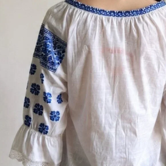 XL🌺Romanian Traditional White&Blue Handmade Embroidered Peasant Blouse Ie - Picture 6 of 10